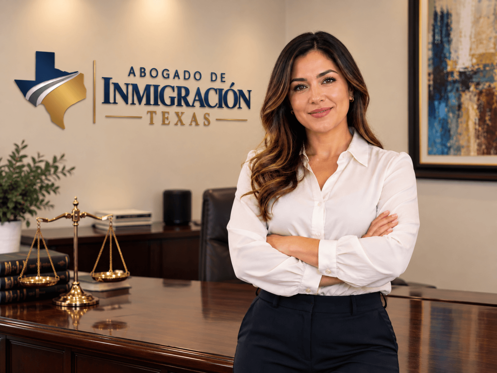 Texas immigration attorney standing in a law office beside a Texas immigration law firm sign.