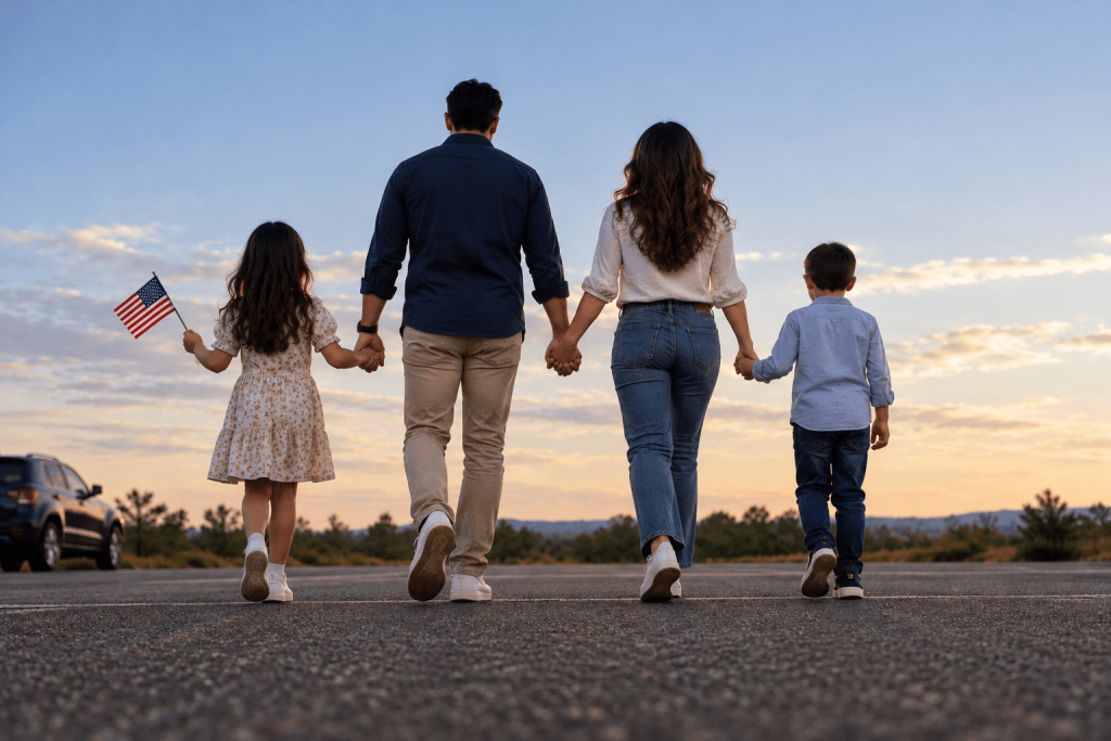 Family walking together with an American flag, representing family immigration and a new life in the United States.