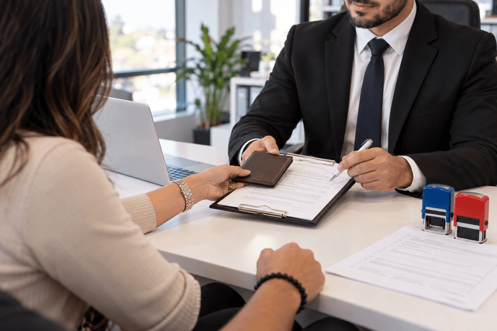 Texas immigration lawyer reviewing documents with a client during a legal consultation.