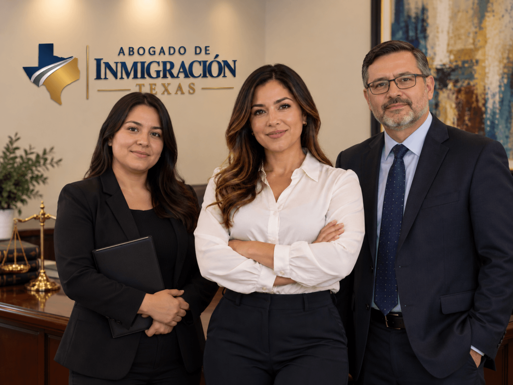 Texas immigration law team standing together in a professional law office.