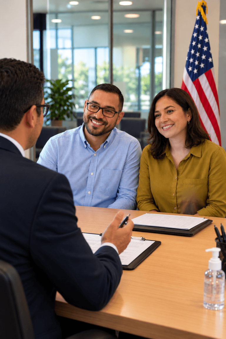 Texas immigration lawyer meeting with a smiling couple to discuss immigration paperwork in an office with an American flag.