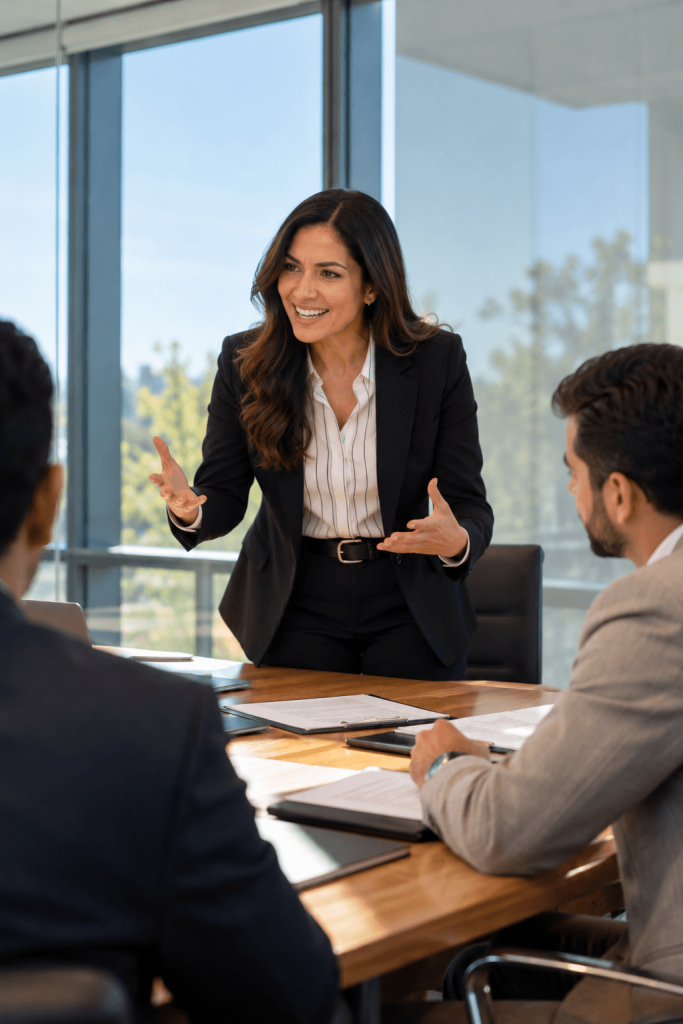 Texas immigration lawyer leading a client meeting in a modern office, discussing legal documents with clients around a conference table.