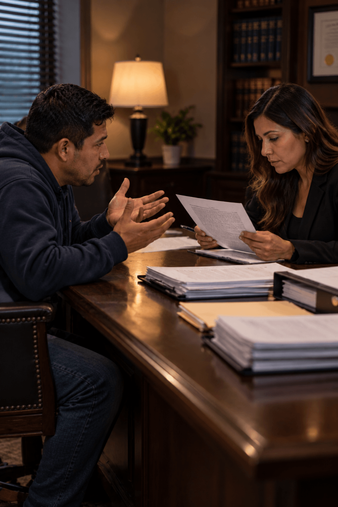 Immigration lawyer in Texas reviewing legal documents with a client during an office consultation.