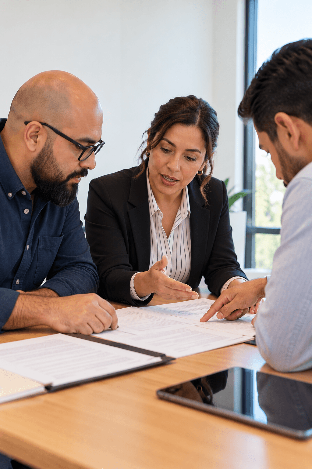 Texas immigration lawyer reviewing legal documents with two clients during an office consultation.