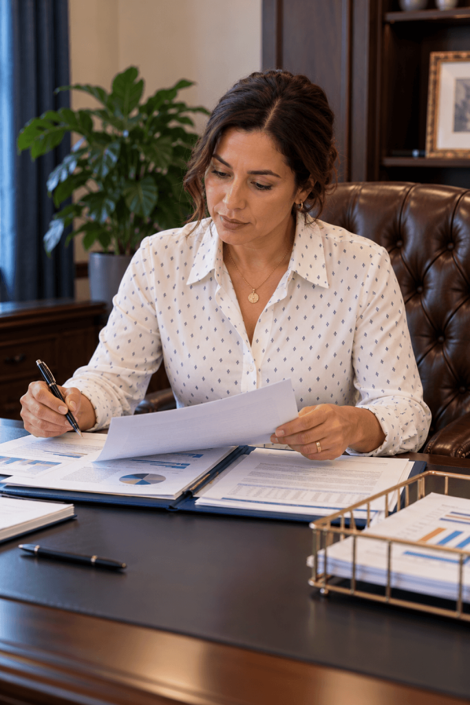 Texas immigration lawyer reviewing legal documents and paperwork at her office desk.